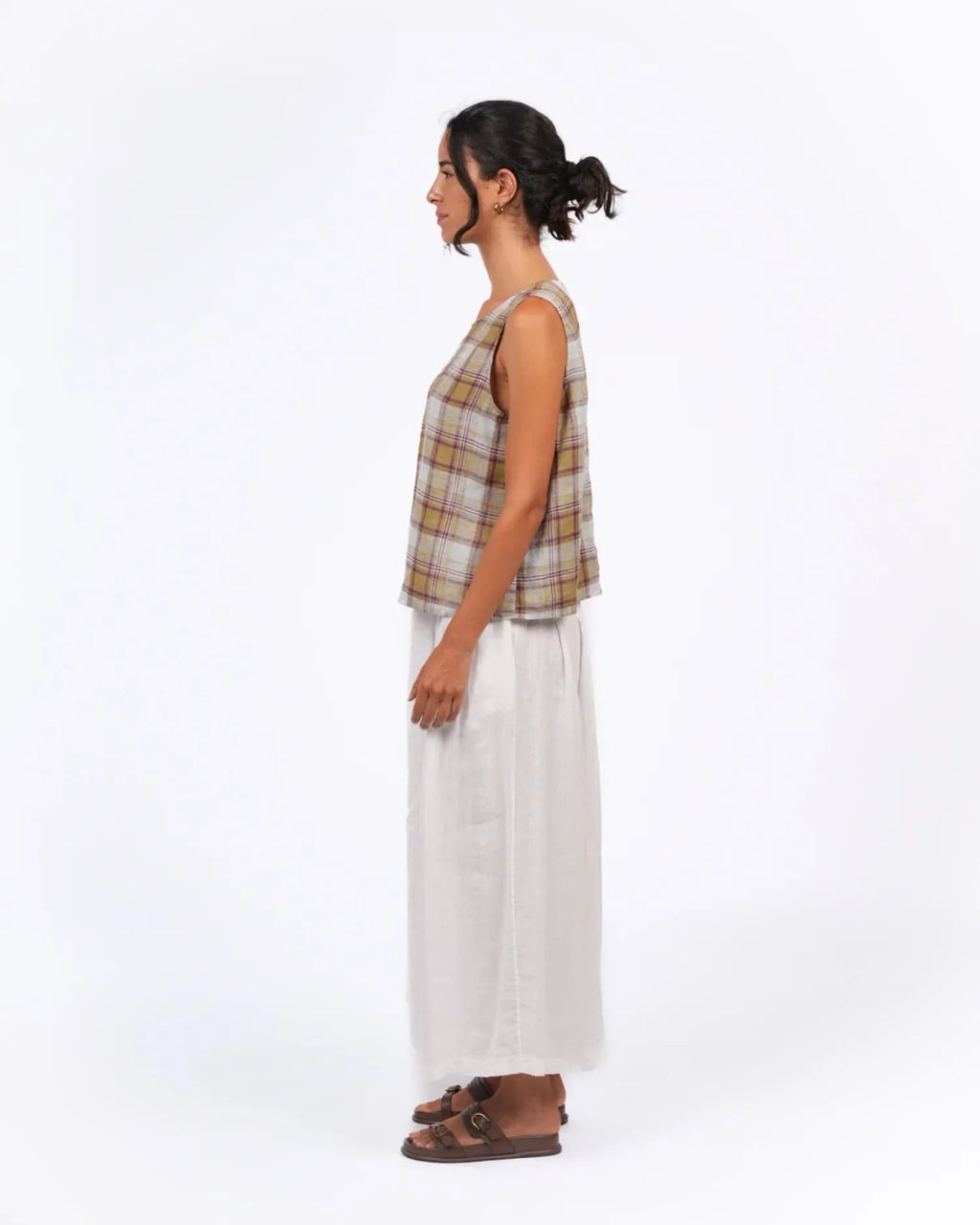 Ava Linen Cami in Pistachio Check Montaigne - Stay Wild Collective  