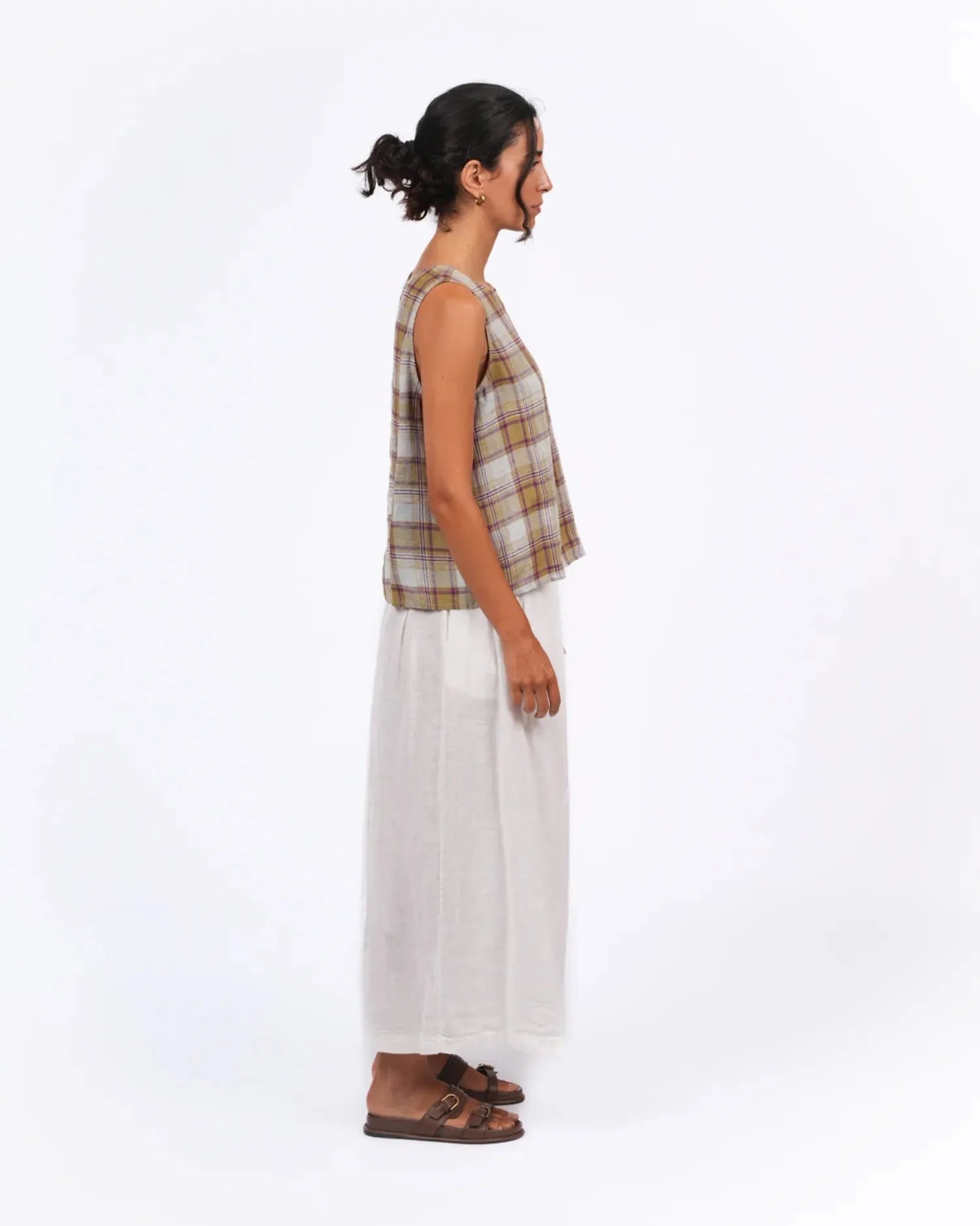 Ava Linen Cami in Pistachio Check Montaigne - Stay Wild Collective  