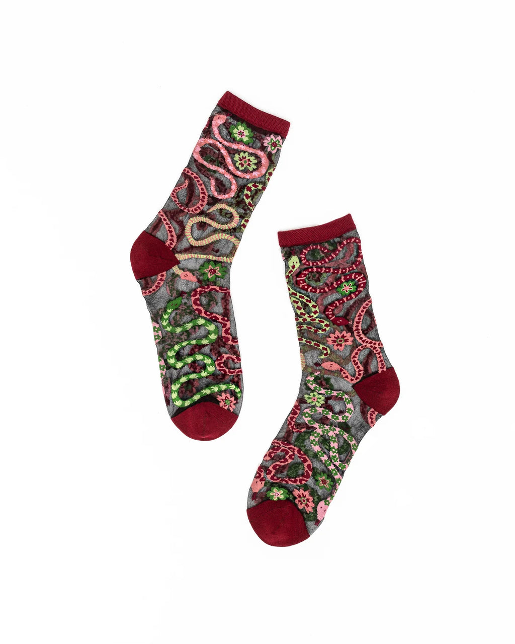 Serpentine floral black sheer crew socks