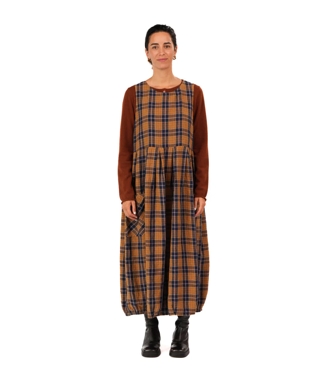 Montaigne Sartene dress blue tweed check French linen