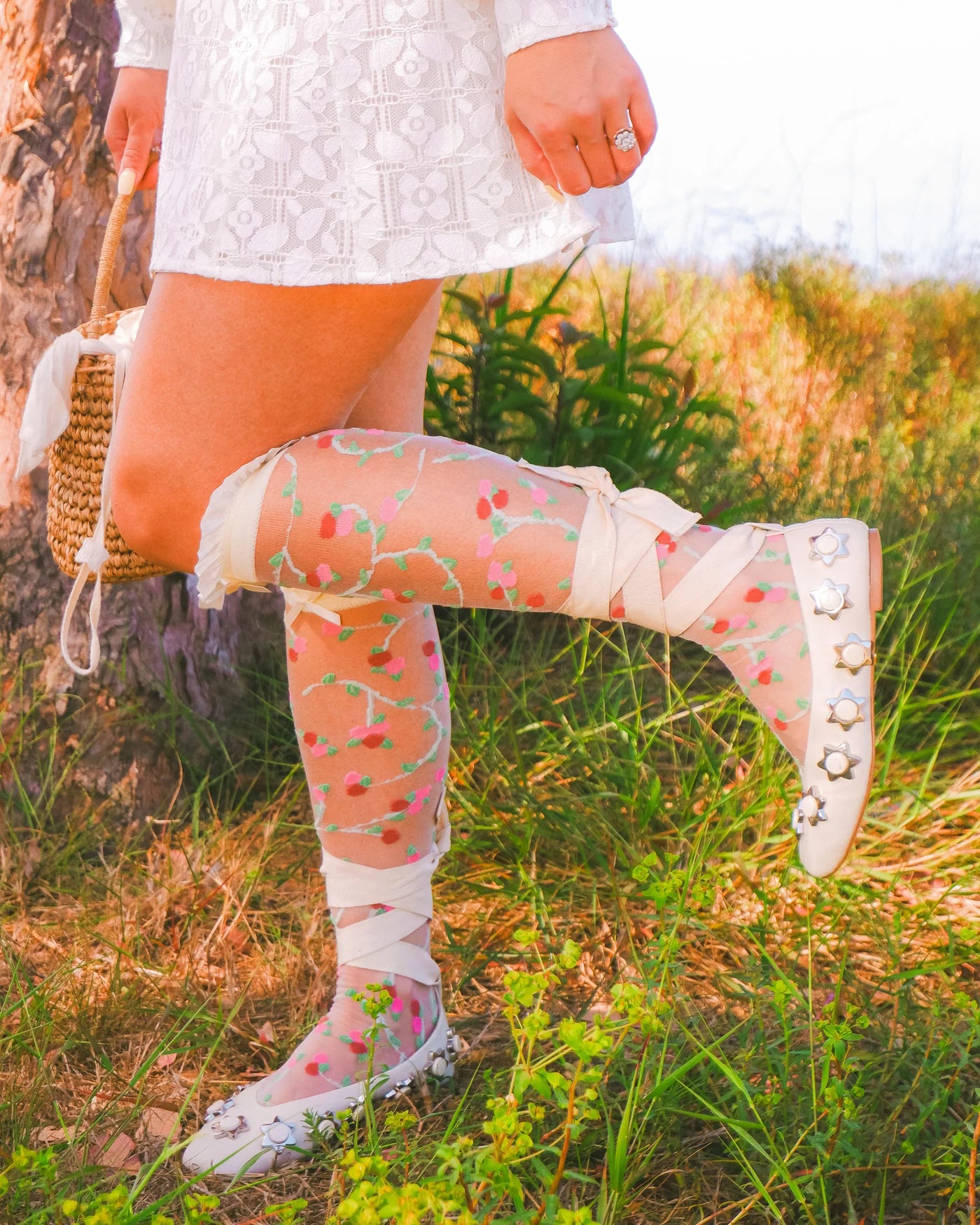 Sheer rosette ruffle bow knee high socks