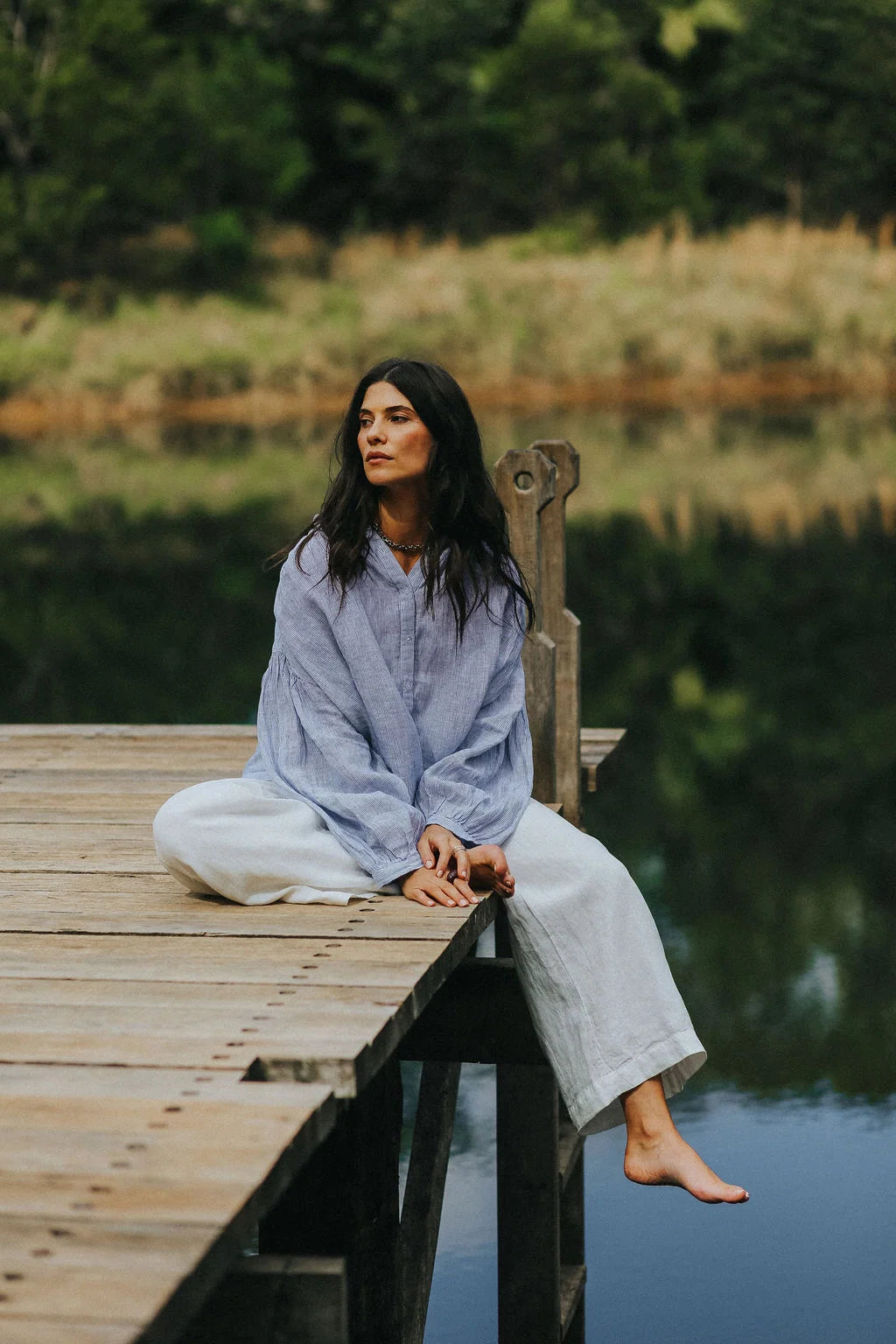Montaigne Mila Fine Blue Stripe Linen Top O/S
