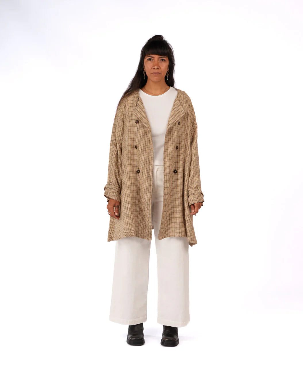  Berg French Linen Collarless Peacoat in Brown Check montaigne - Stay Wild Collective  