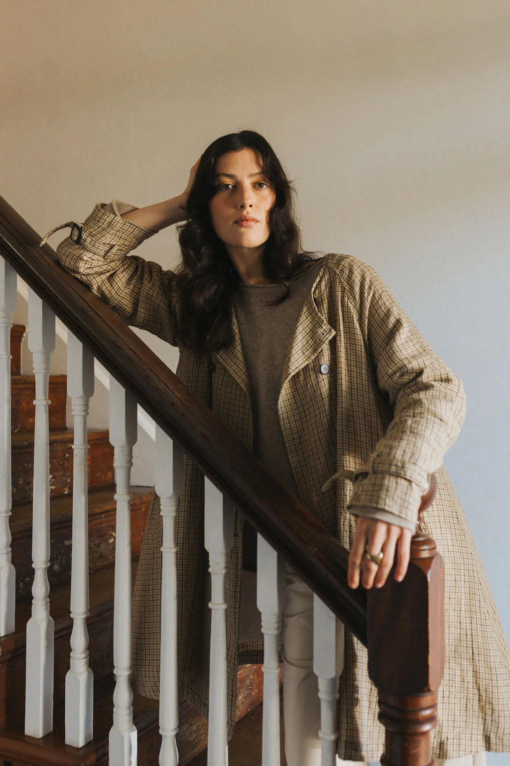  Berg French Linen Collarless Peacoat in Brown Check montaigne - Stay Wild Collective  