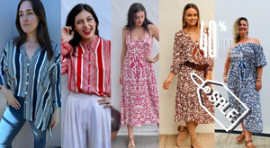 Five women wearing different outfits with a '40% Off Sale' label.