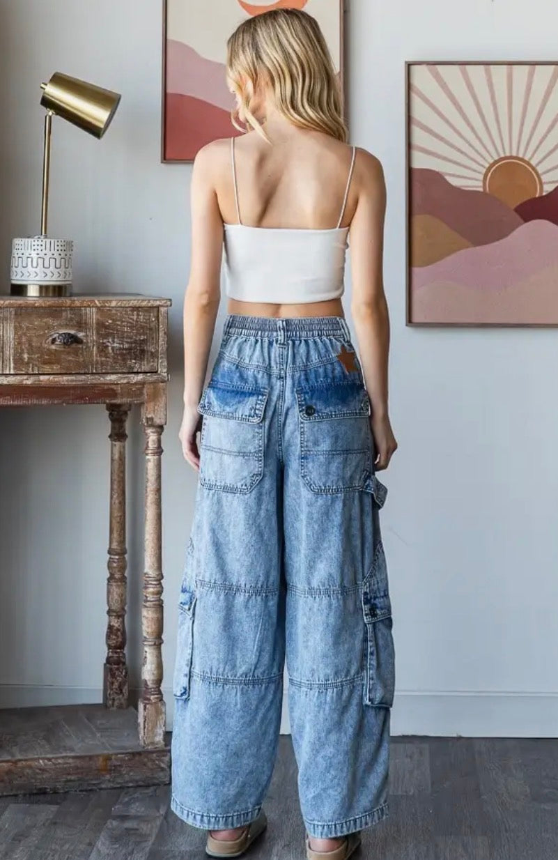 Washed 3d pocket cargo denim pants