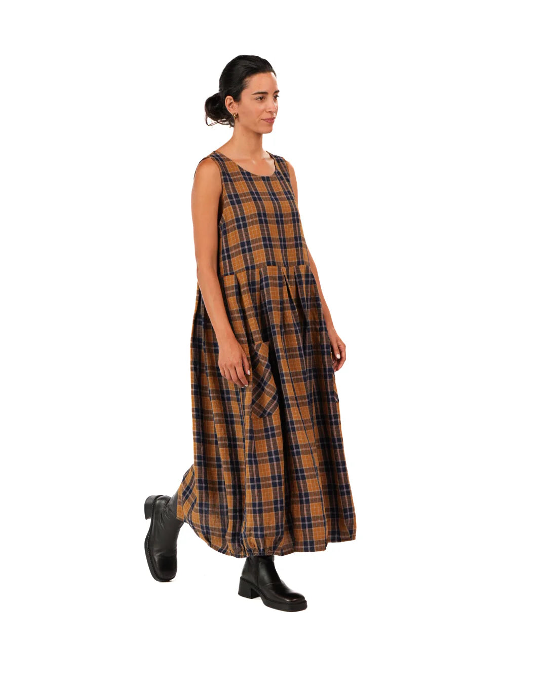 Montaigne Sartene dress blue tweed check French linen