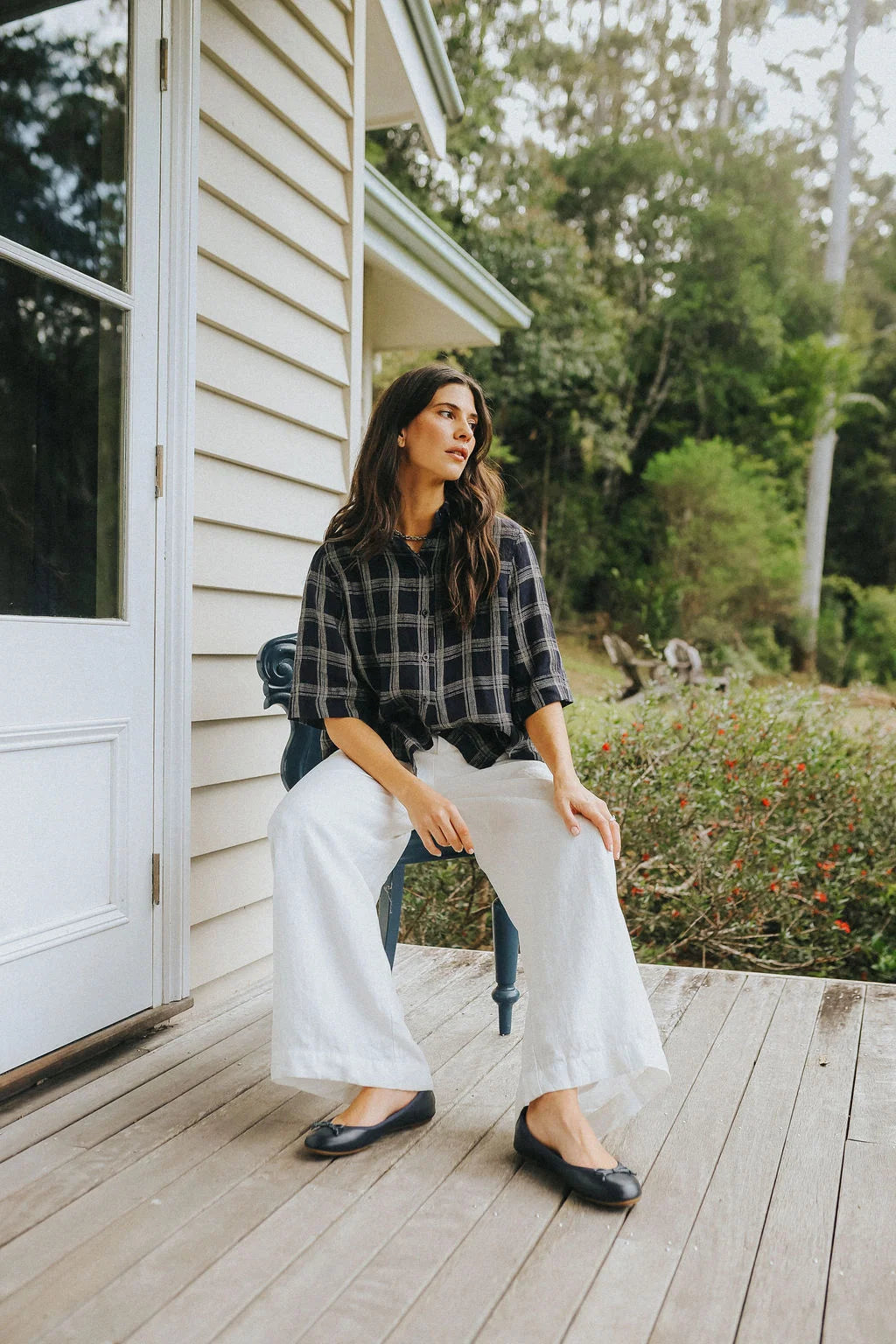 Montaigne Dion Linen Blouse Dark Navy Check