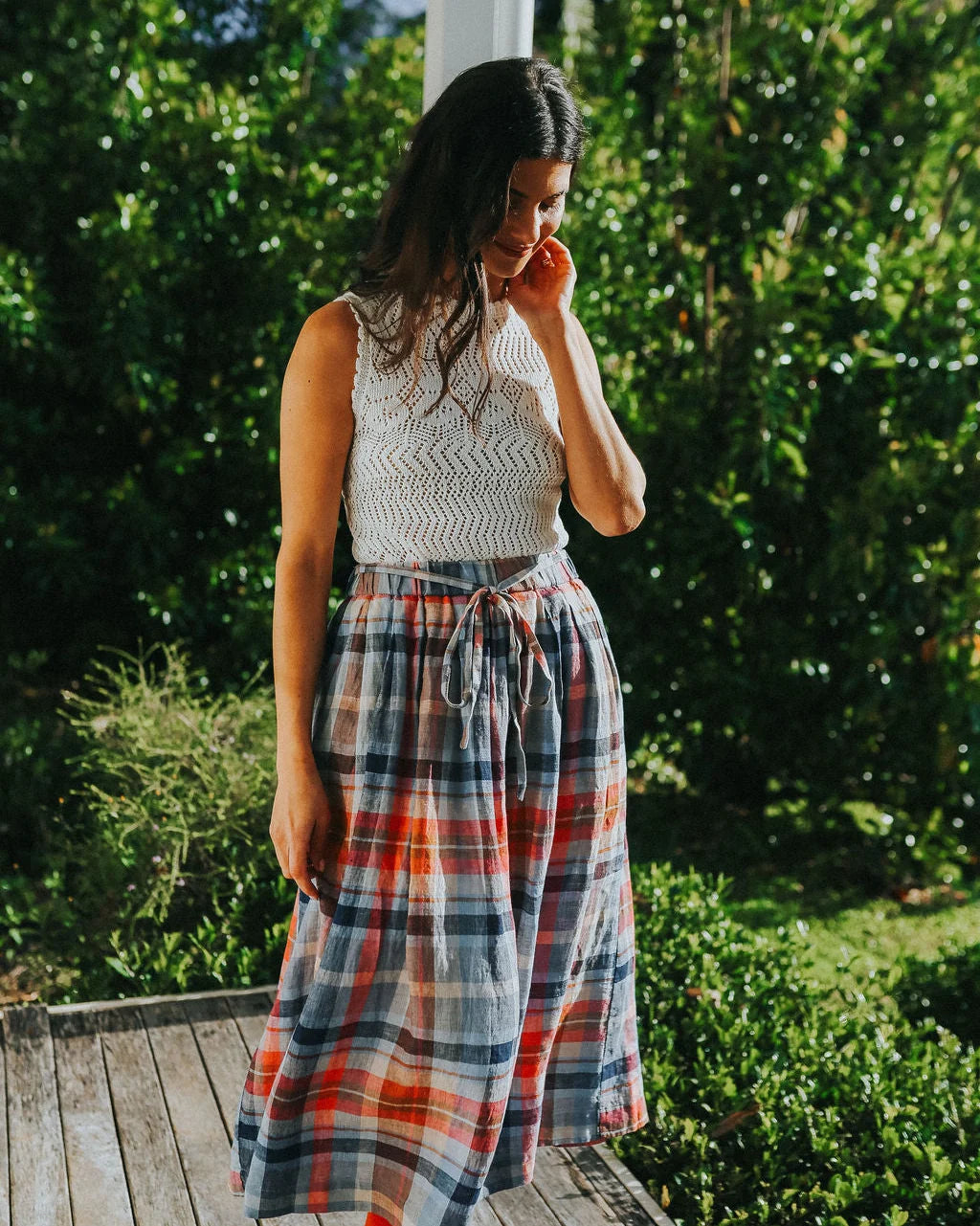 Montaigne Amélie Multi Check Linen Skirt with Belt O/S