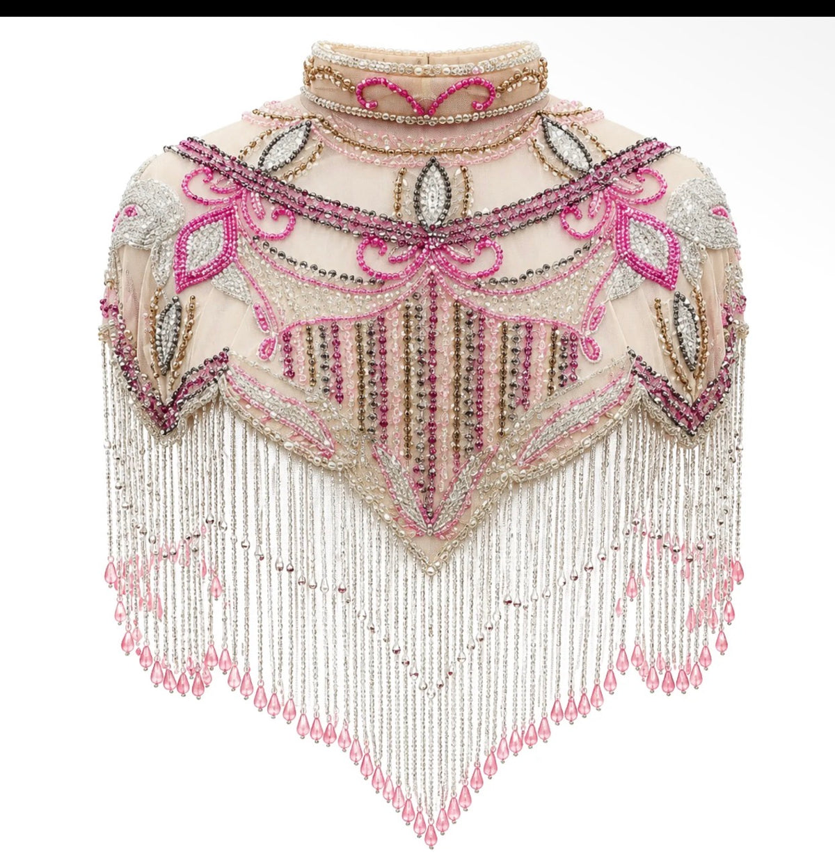 Pink cabaret beaded fringe cape pink hold and silver