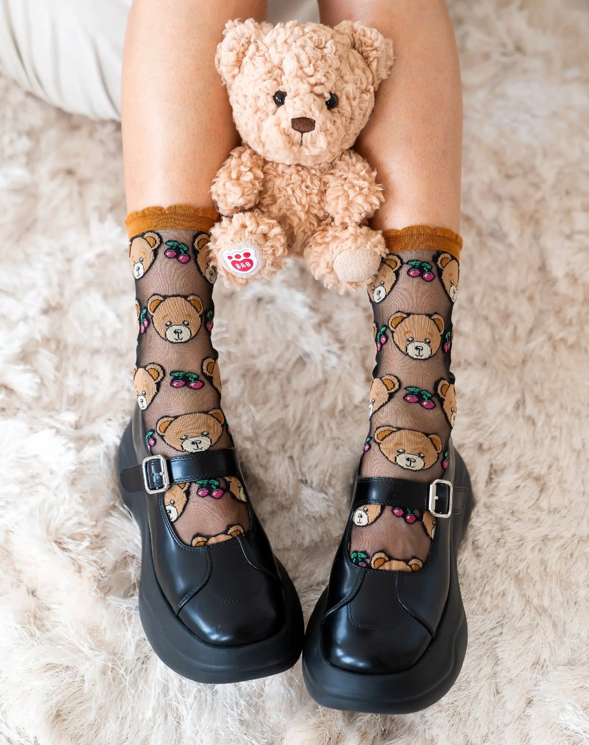 Teddy bear crew black sheer ruffle socks