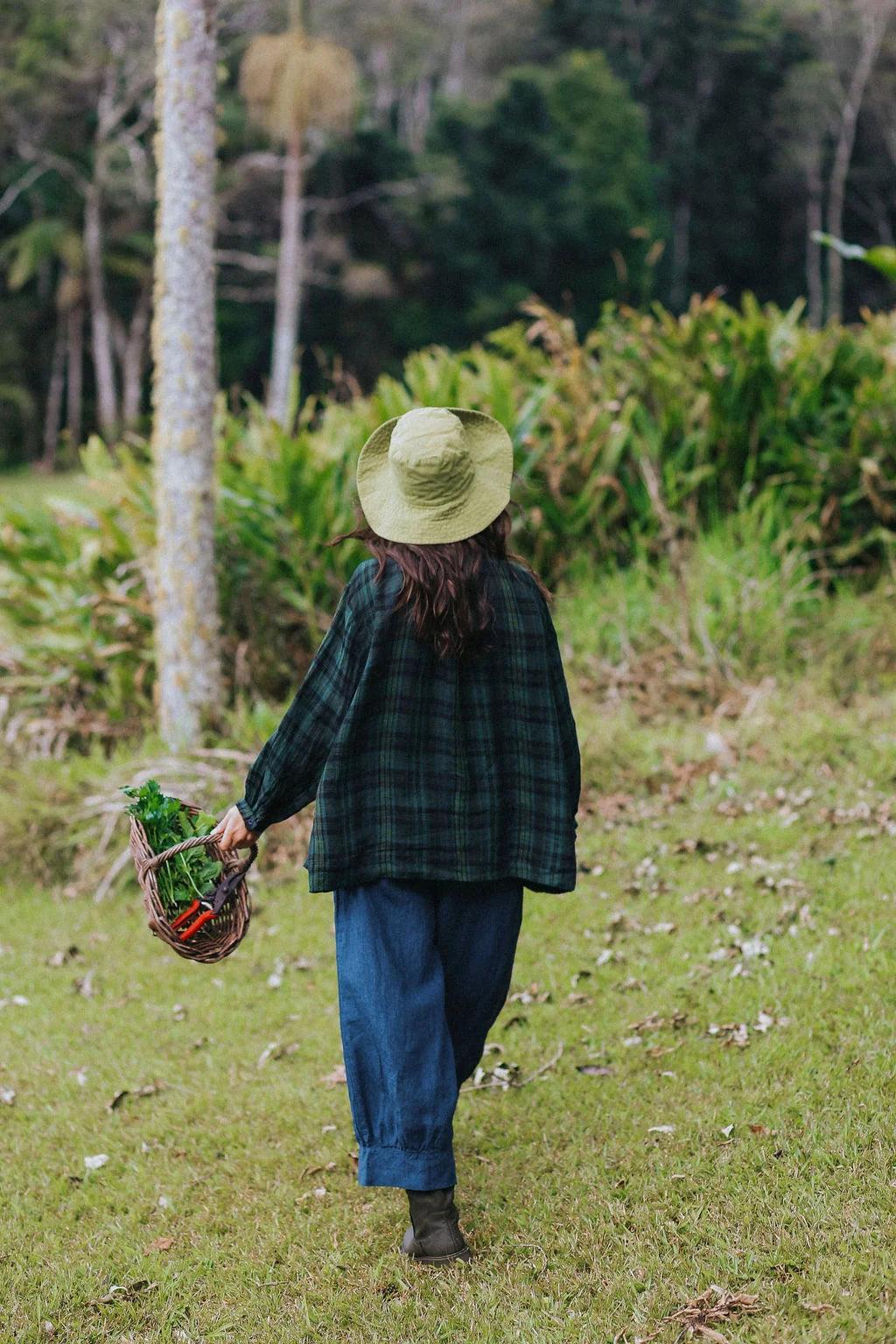 Montaigne Carmen Button-Through Linen Top In Green Black Plaid