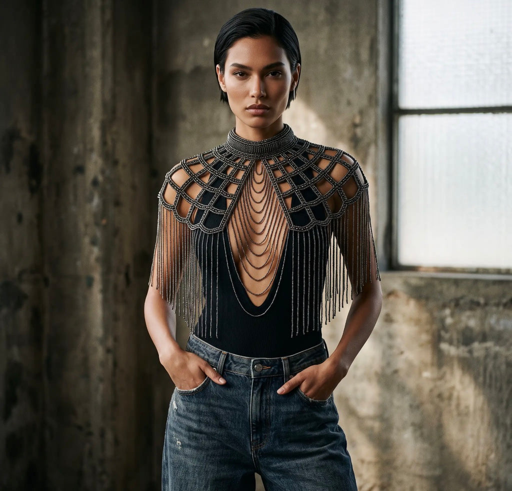 Onyx gunmetal beaded capelet