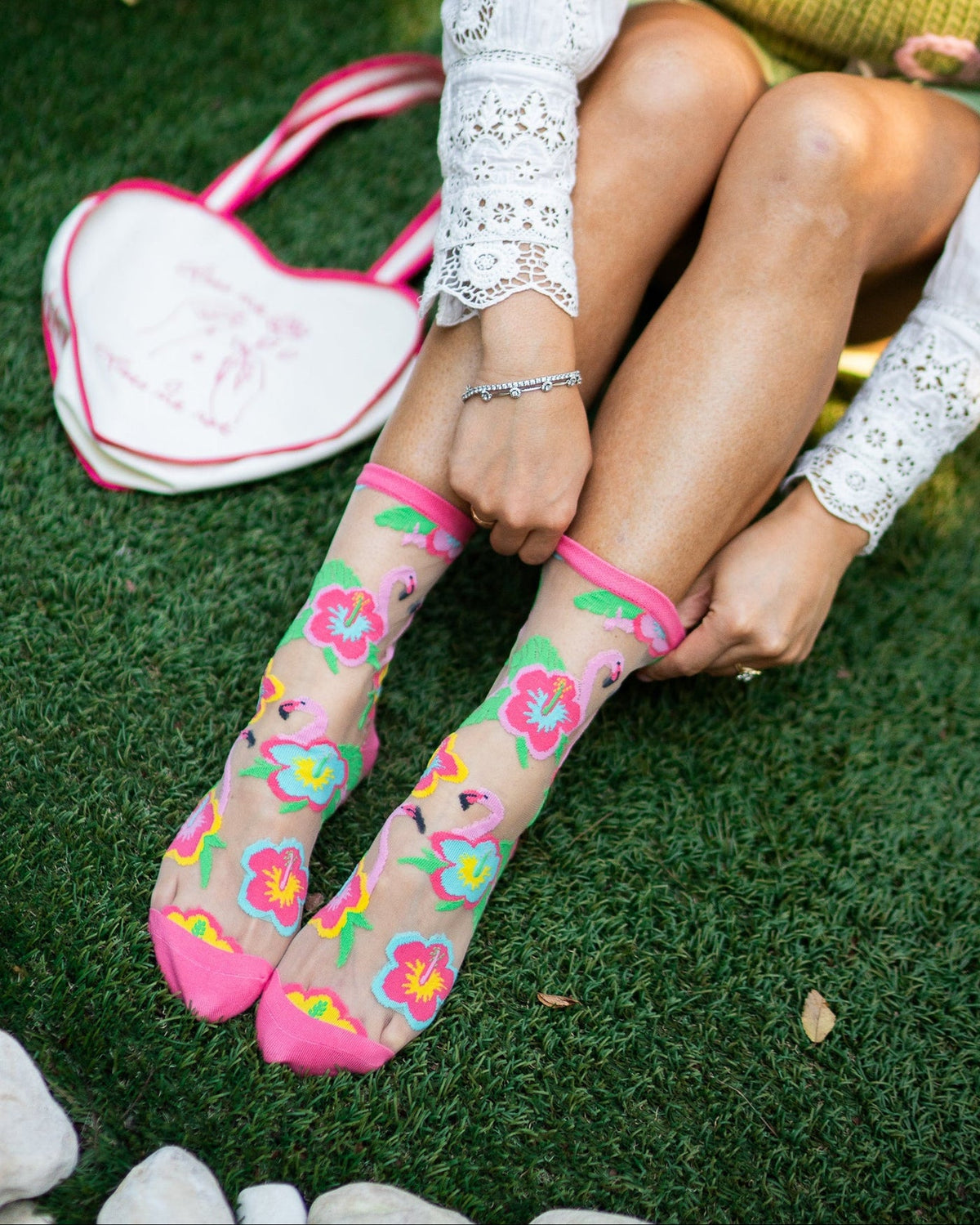 Flamingo Floral Sheer Crew Sock