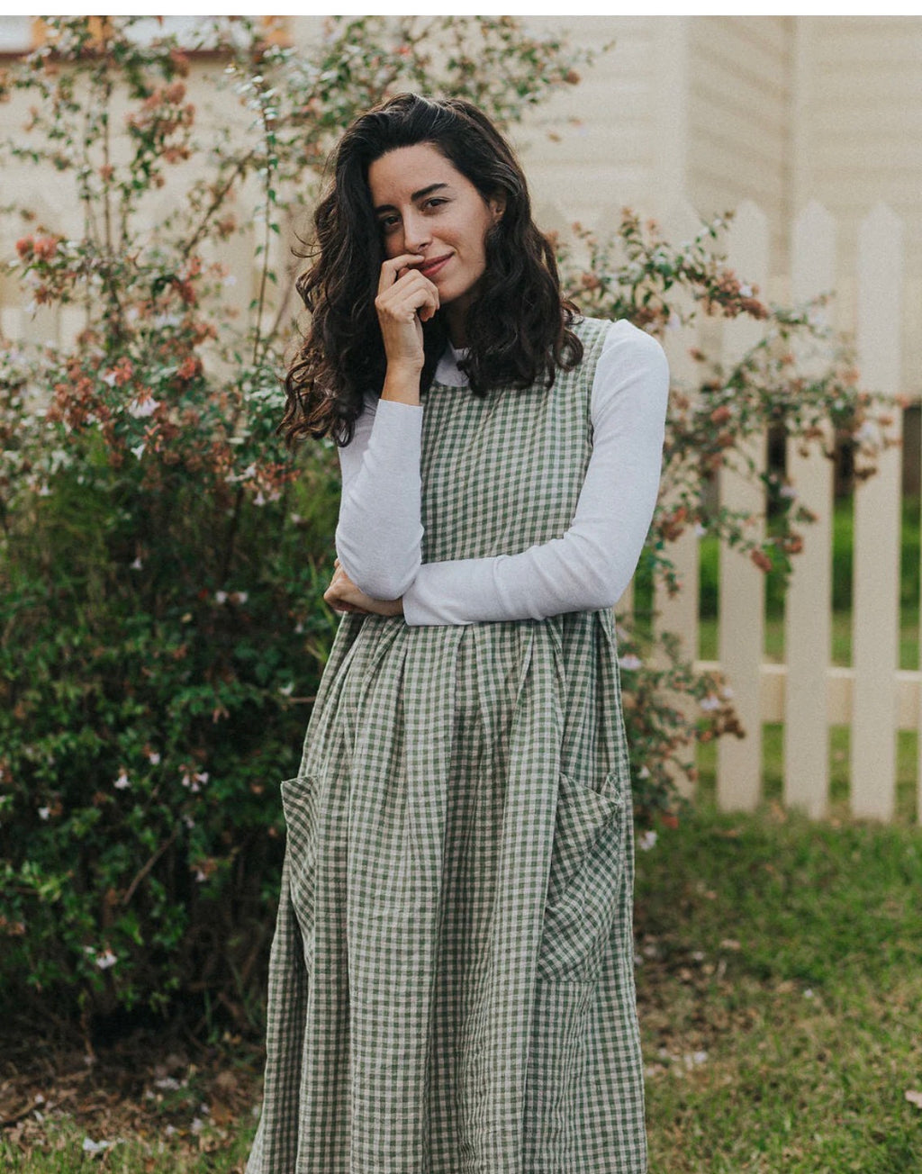 Sartene French Linen Dress in sage gingham