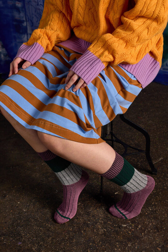Tightology T16 ‘Chunky Rib’ Mauve Stripe Merino Wool Socks