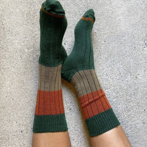Tightology T16 ‘Chunky Rib’ Green Stripe Merino Wool Socks