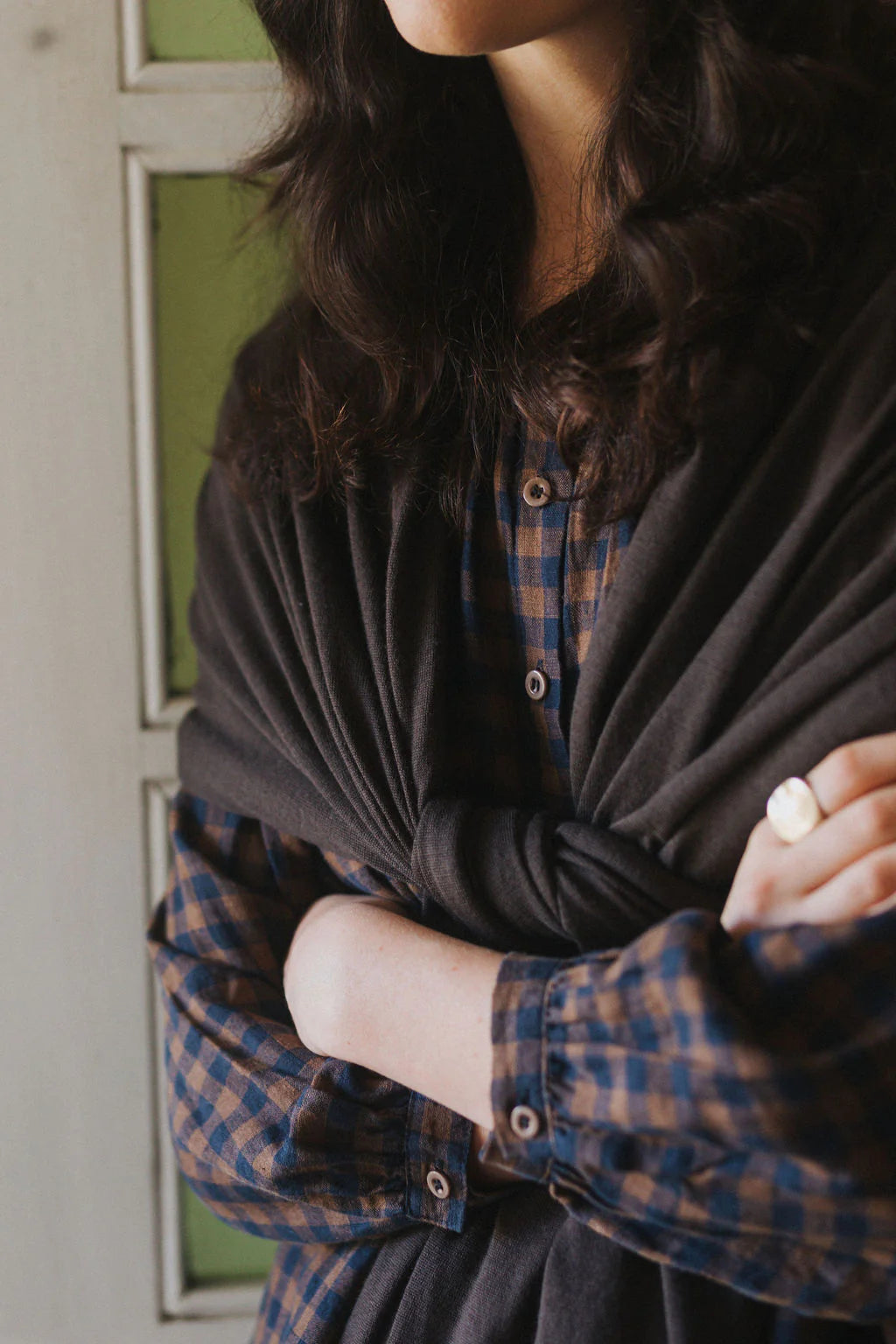 Montaigne Carman button through long sleeve top blue and brown check