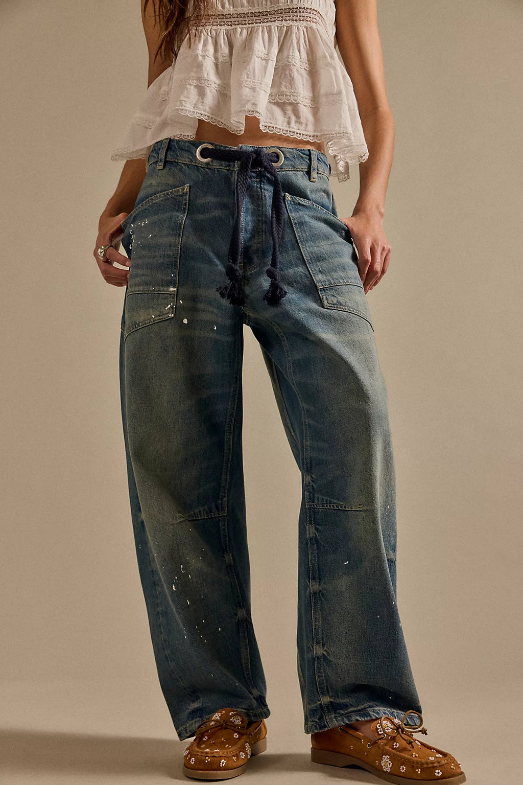 Free People Moxie Pull-On Barrel Jeans timeless blue