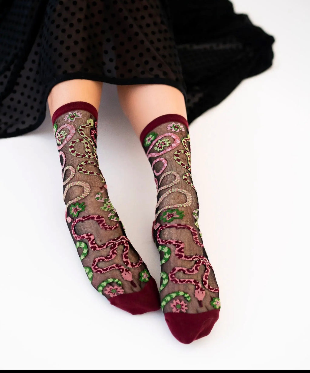 Serpentine floral black crew socks