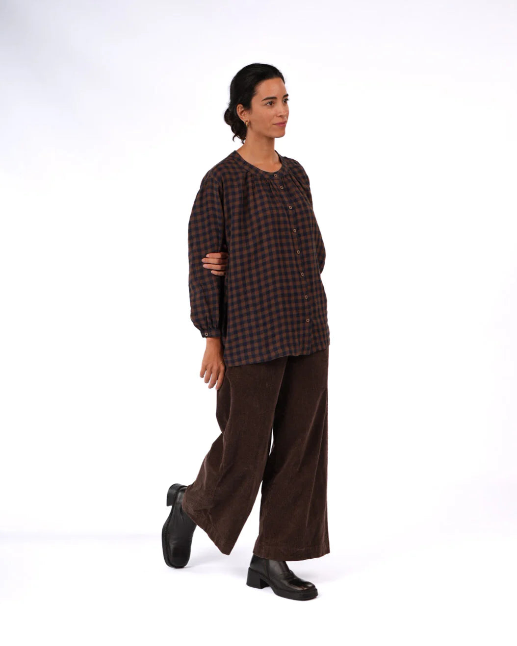 Montaigne Carmen button through long sleeve top blue and brown check