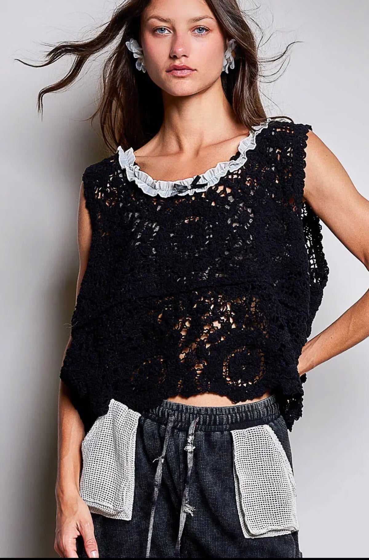 Hand crafted cotton crochet macy top black one size