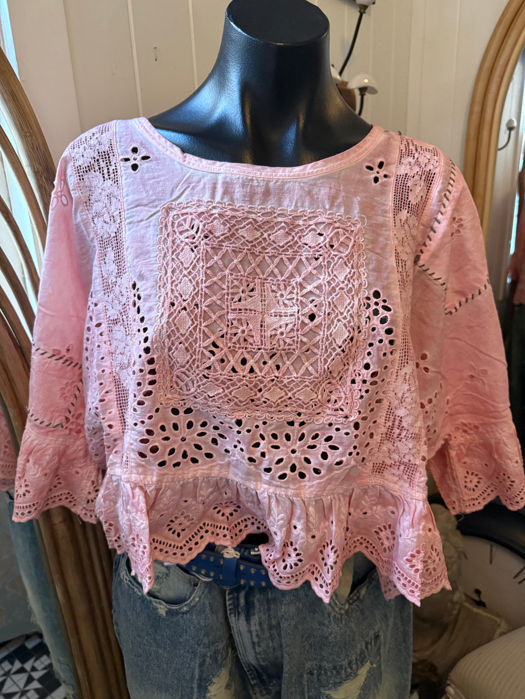 Jaded gypsy softly warn eyelet top in soft pink