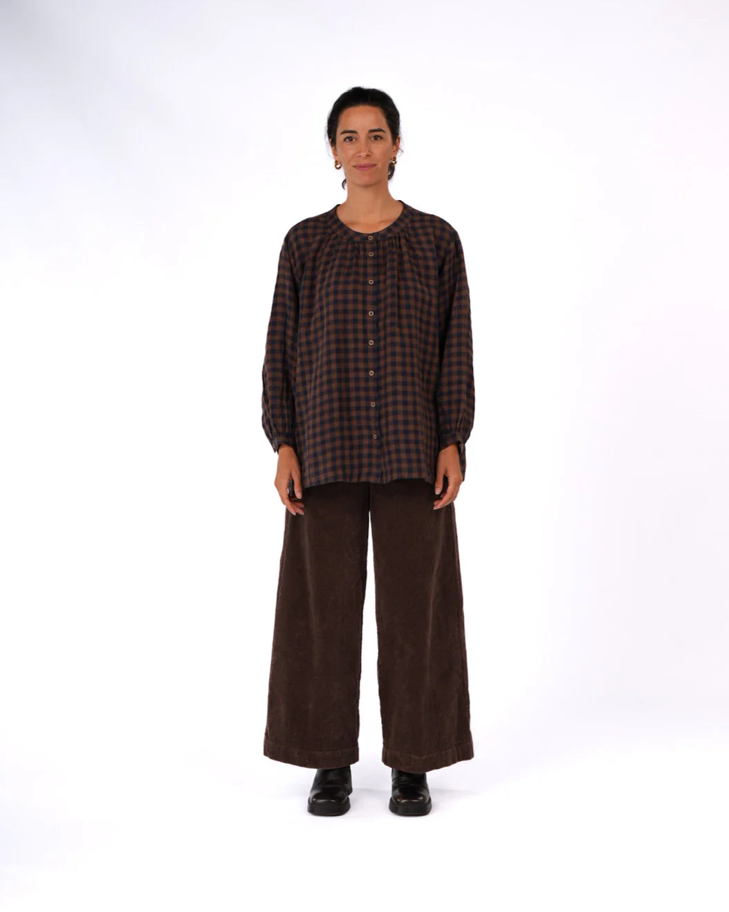 Montaigne Carman button through long sleeve top blue and brown check