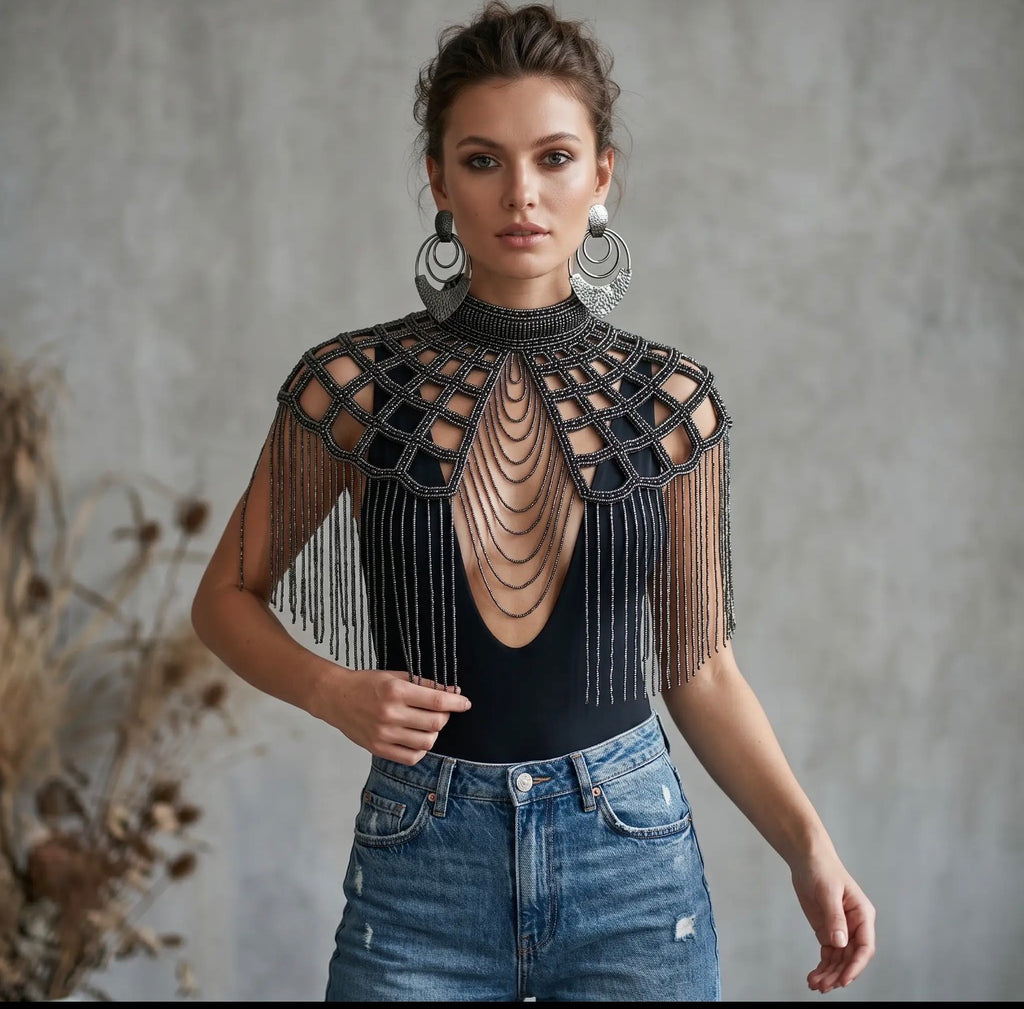 Onyx gunmetal beaded capelet