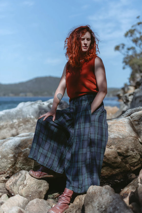 Montaigne Freya French Linen Pants in Blue Tartan