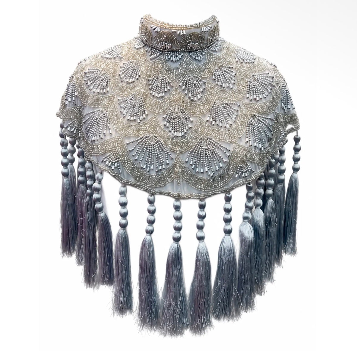 Celestine silver beaded tassel cape