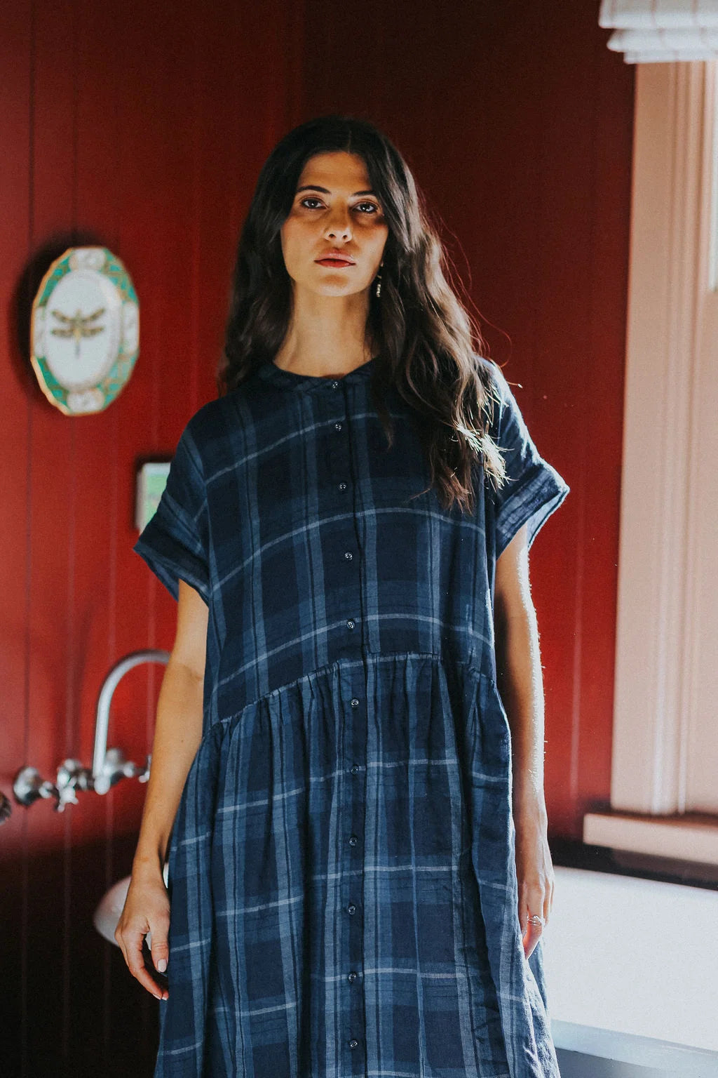 Montaigne Juliette Blue Check Button Up Linen Dress O/S