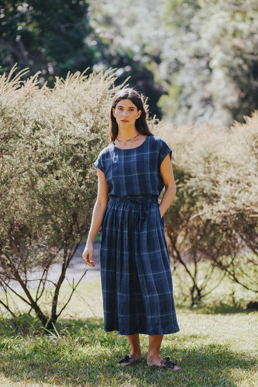 Montaigne Amélie Linen Skirt Blue Check O/S
