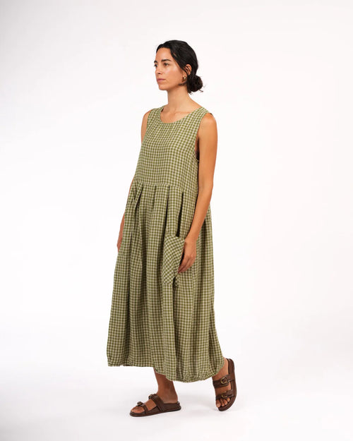 Sartene French Linen Dress in Tiny pistachio Gingham