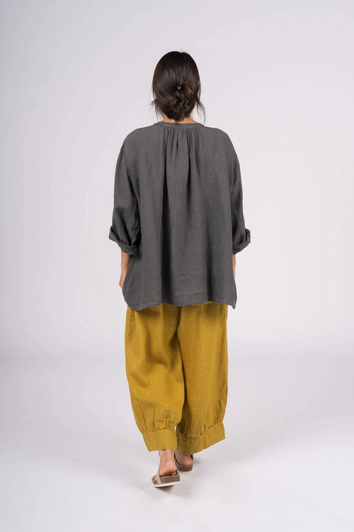 Montaigne Carmen Button Through Long Sleeve Linen Top