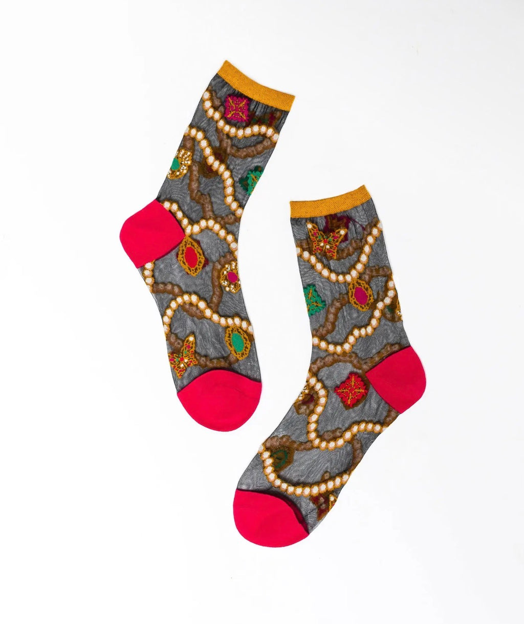 Pearls and jewels sheer black ankle socks