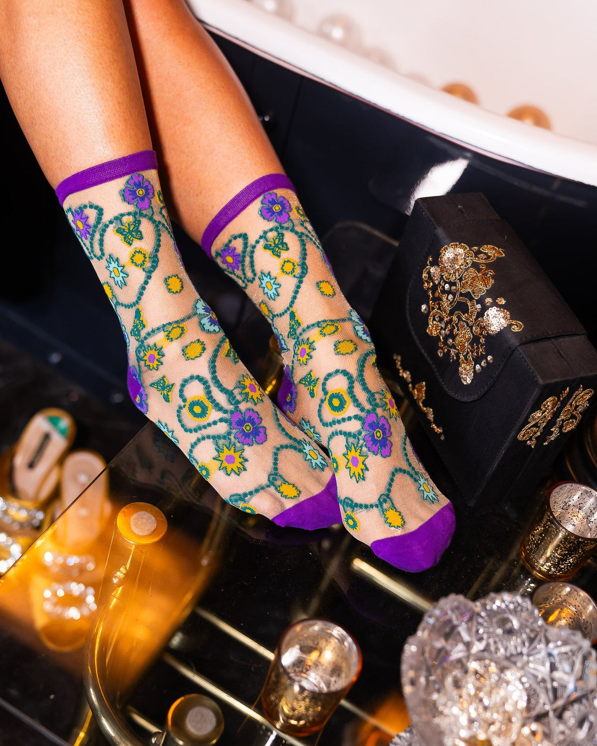 Jeweled Floral Gold Shimmer Sheer Crew Sock