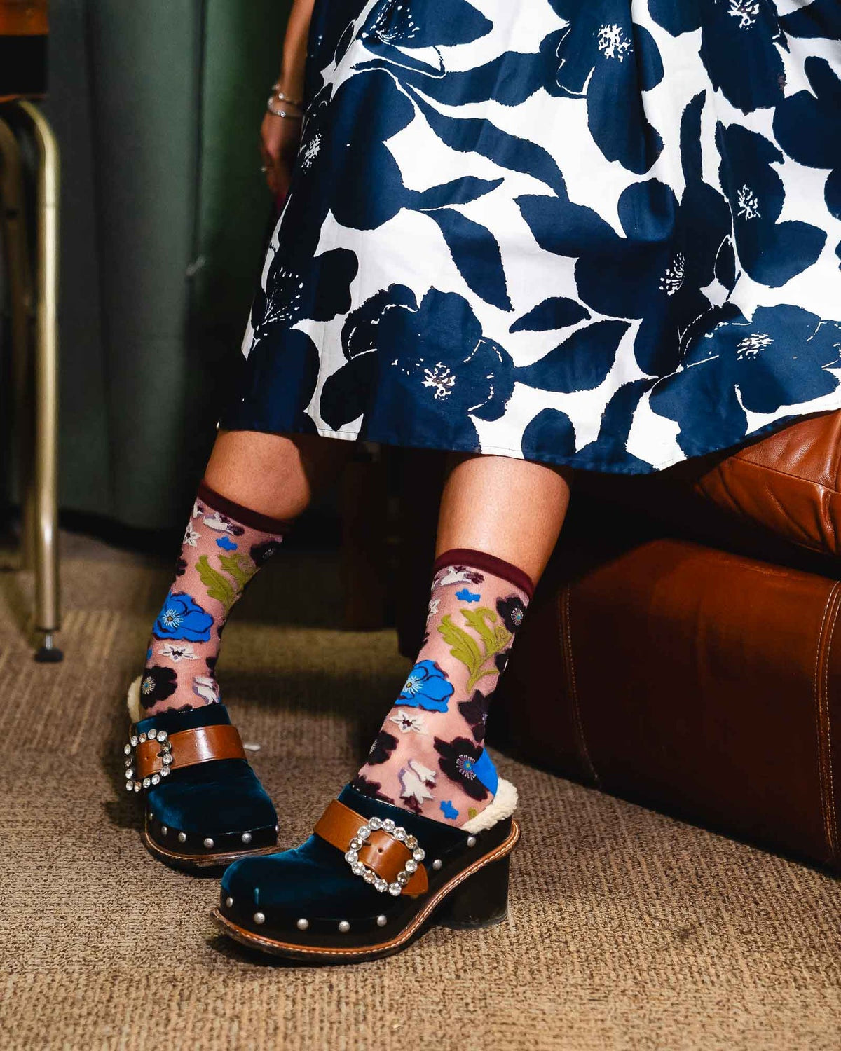 Electric Dusk Floral Shimmer Sheer Crew Sock - Stay Wild Collective