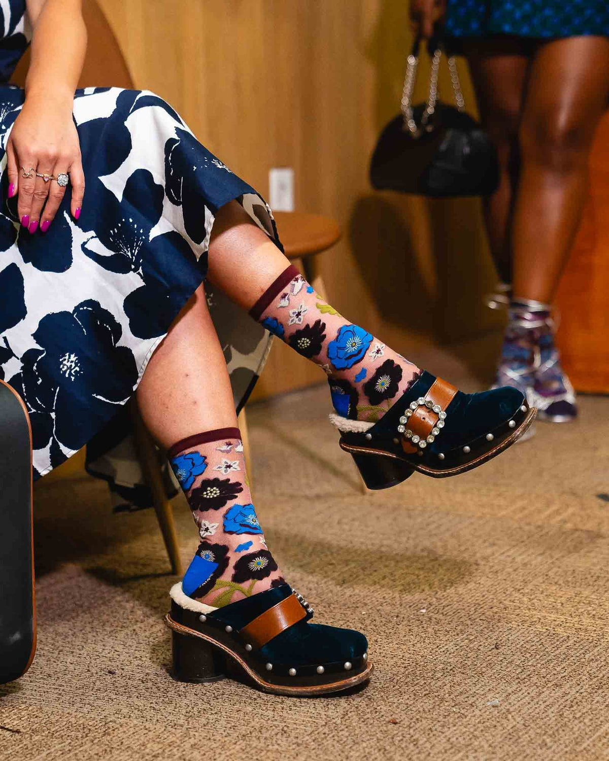 Electric Dusk Floral Shimmer Sheer Crew Sock - Stay Wild Collective