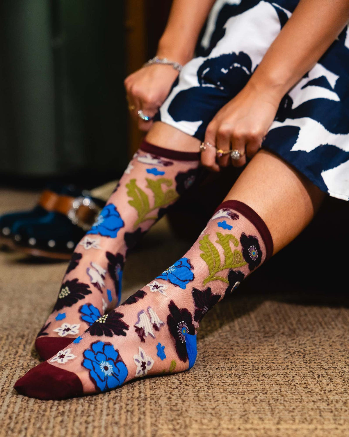 Electric Dusk Floral Shimmer Sheer Crew Sock - Stay Wild Collective