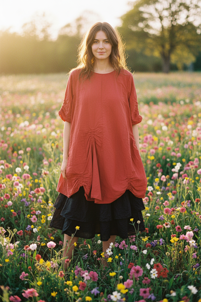 Vicky Tunic in Rose & Wendy Black Skirt – Spring Editorial