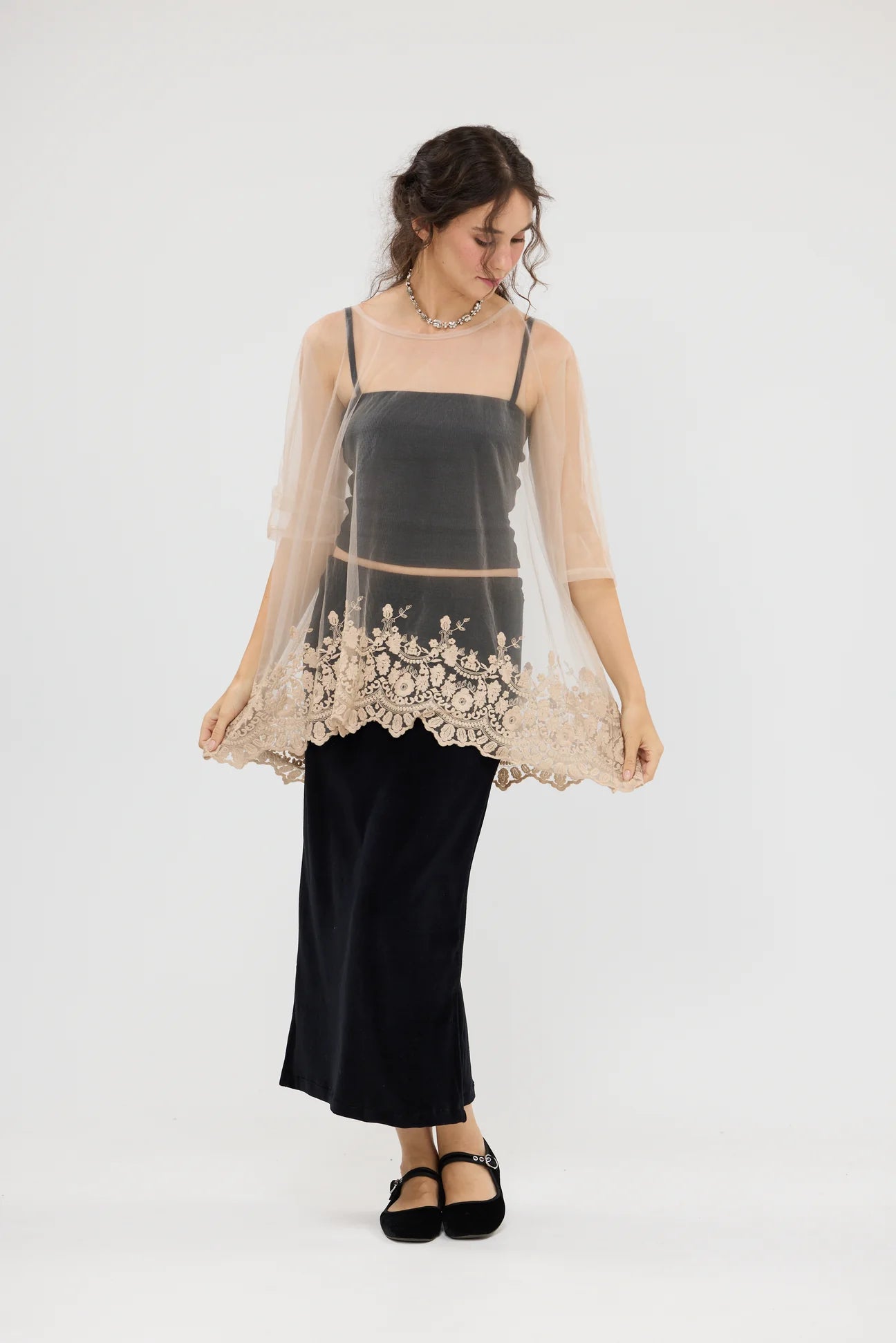 Miss roses sister violet Chantilly sheer net and lace Romantic top. Champagne.
