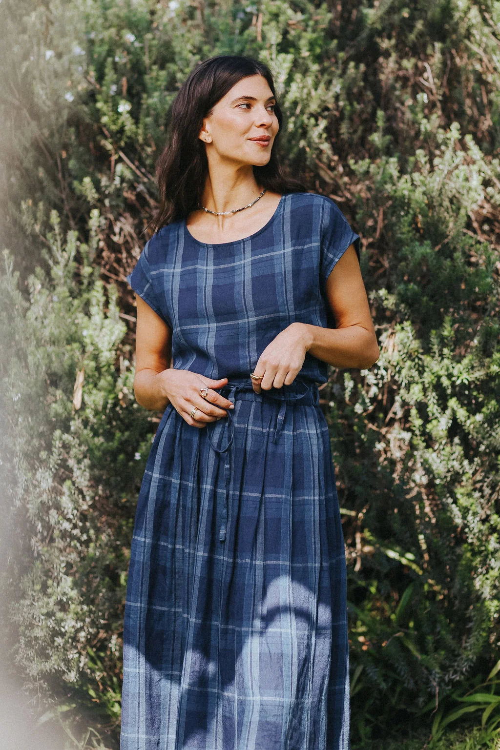 Montaigne Mirella Blue Check Linen Top