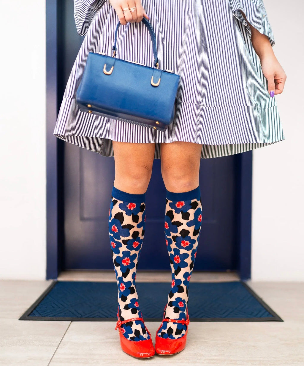 Bold blue sheer knee high socks