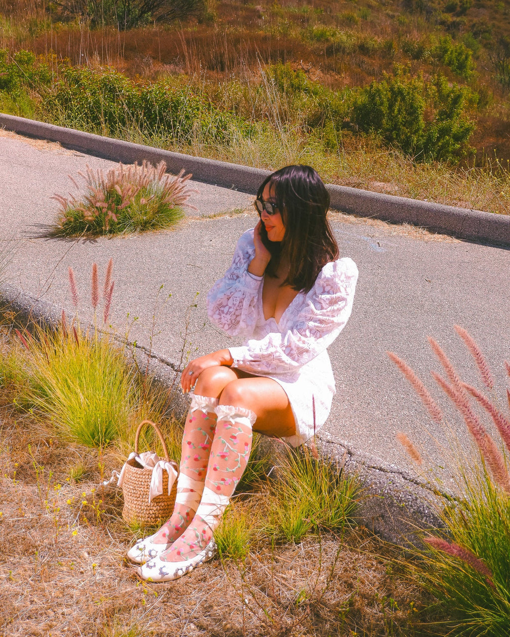Sheer rosette ruffle bow knee high socks