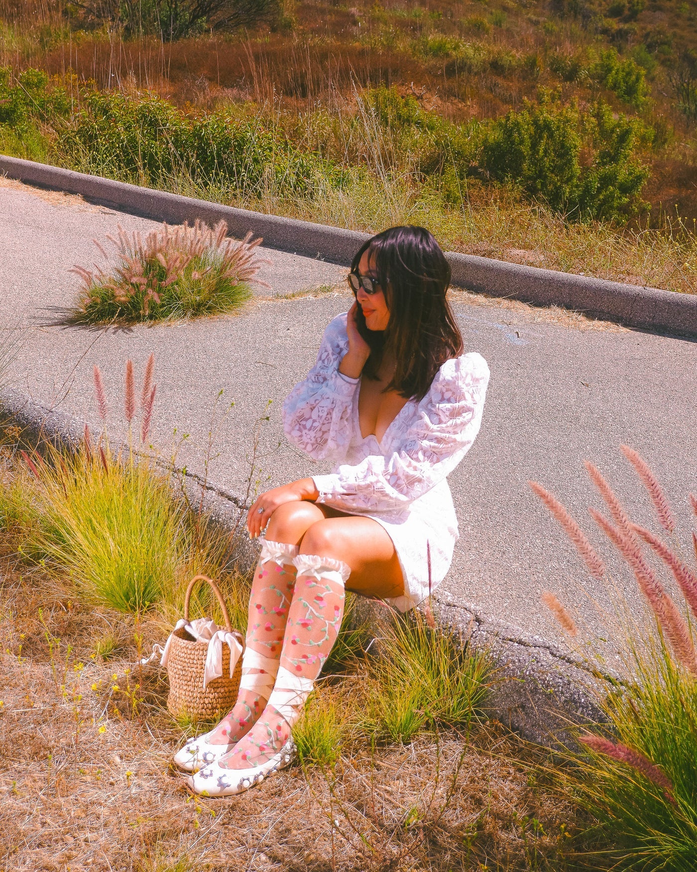 Sheer rosette ruffle bow knee high socks