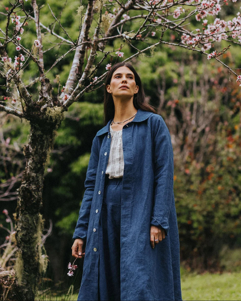 Montaigne Peter Pan Collar Linen Coat in Indigo