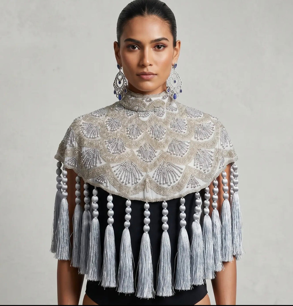 Celestine silver beaded tassel cape