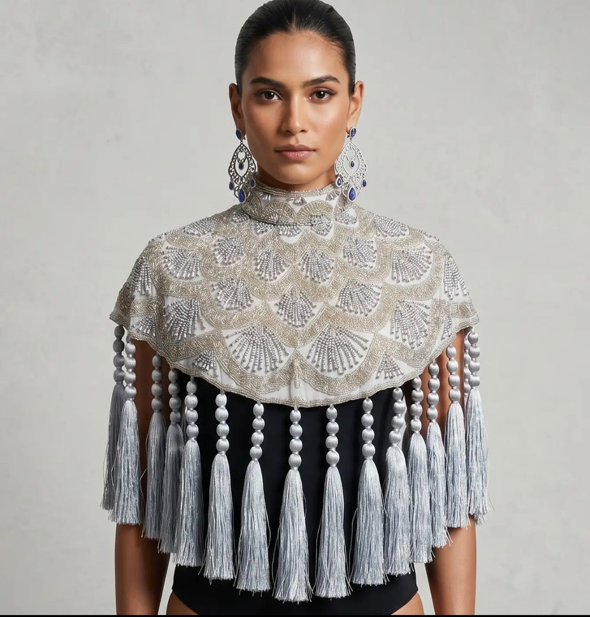 Celestine silver beaded tassel cape