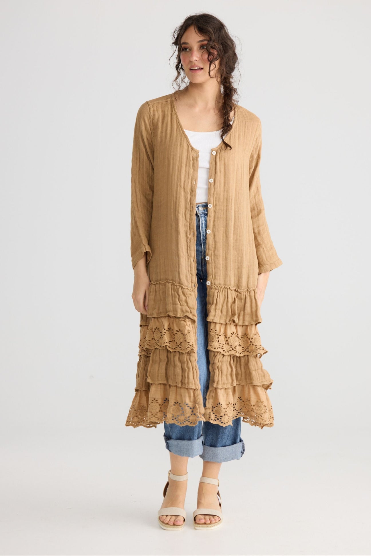 Florette Linen and lace coat. Miss roses sister violet Tobacco - Stay Wild Collective